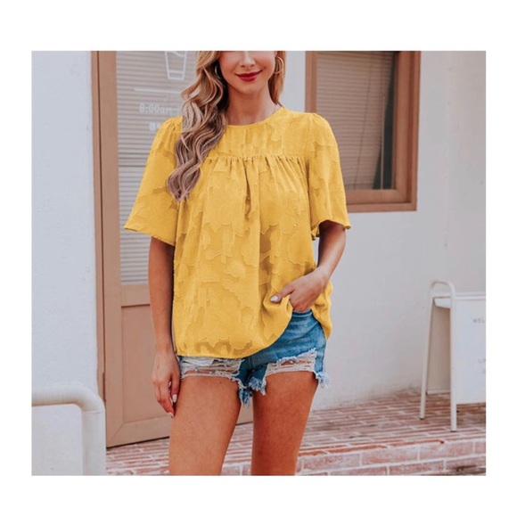 🎄 3/$35 3x 👯♀️Host Pick⚡️Floral Lace Babydoll Top- Mustard Yellow - Picture 2 of 8